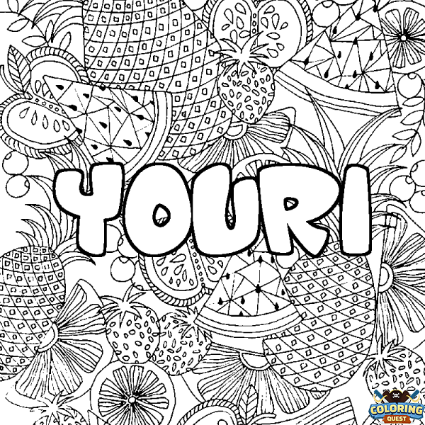 Coloring page first name YOURI - Fruits mandala background