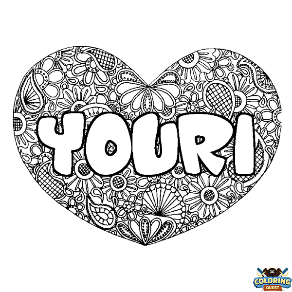 Coloring page first name YOURI - Heart mandala background