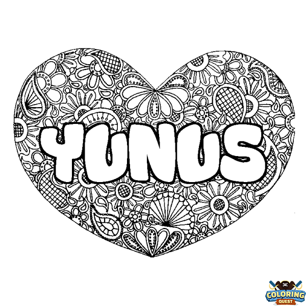 Coloring page first name YUNUS - Heart mandala background