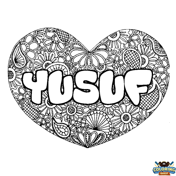 Coloring page first name YUSUF - Heart mandala background