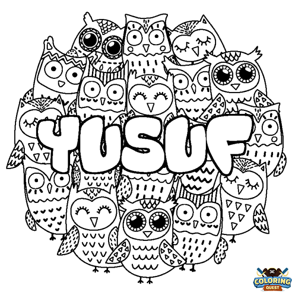 Coloring page first name YUSUF - Owls background