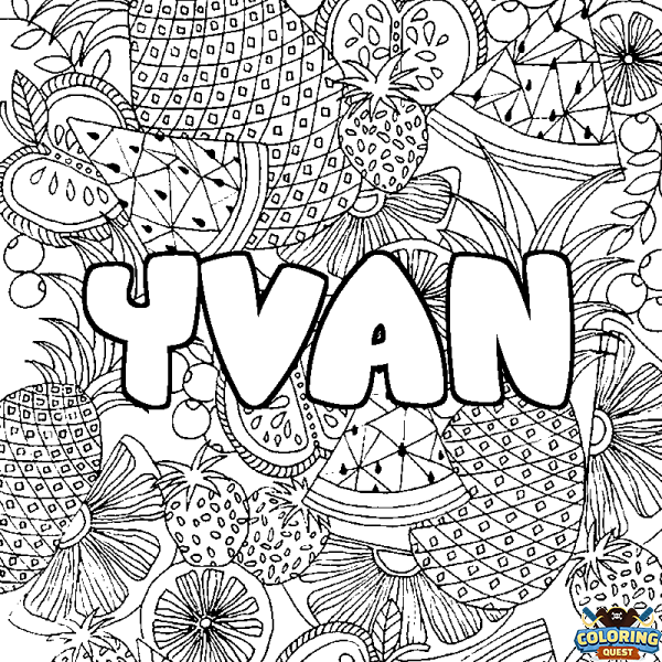 Coloring page first name YVAN - Fruits mandala background