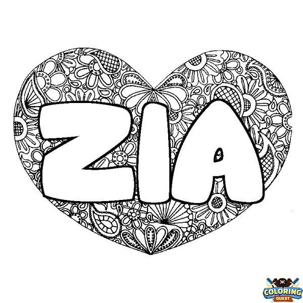 Coloring page first name ZIA - Heart mandala background