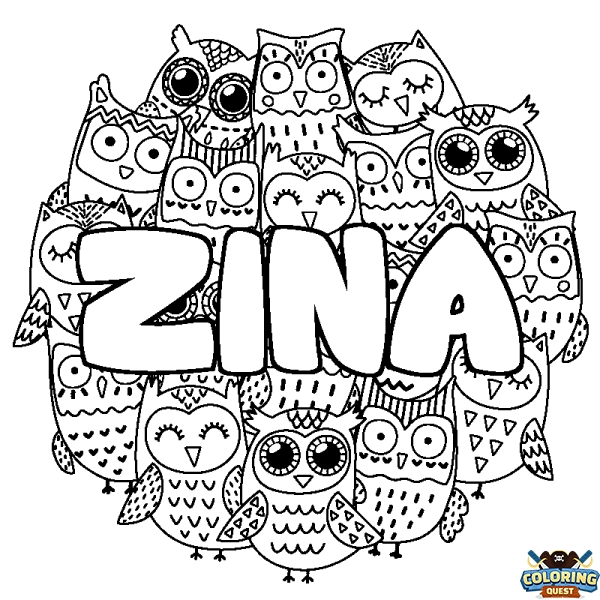 Coloring page first name ZINA - Owls background