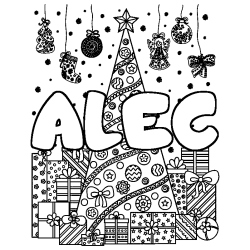 Coloring page first name ALEC - Christmas tree and presents background