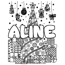 Coloring page first name ALINE - Christmas tree and presents background