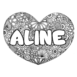 Coloring page first name ALINE - Heart mandala background