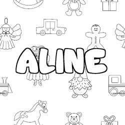 Coloring page first name ALINE - Toys background