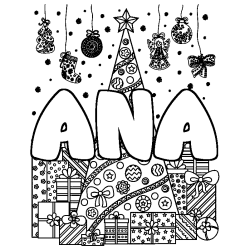 Coloring page first name ANA - Christmas tree and presents background