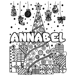 Coloring page first name ANNABEL - Christmas tree and presents background