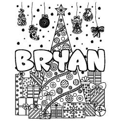 Coloring page first name BRYAN - Christmas tree and presents background