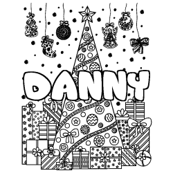 Coloring page first name DANNY - Christmas tree and presents background