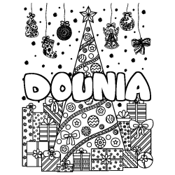 Coloring page first name DOUNIA - Christmas tree and presents background