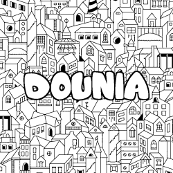 Coloring page first name DOUNIA - City background