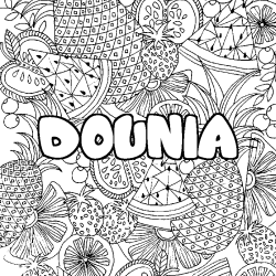 Coloring page first name DOUNIA - Fruits mandala background