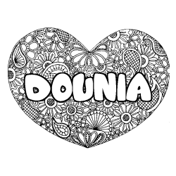 Coloring page first name DOUNIA - Heart mandala background