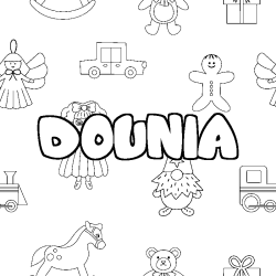 Coloring page first name DOUNIA - Toys background