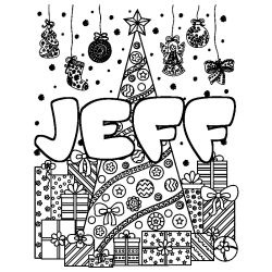 Coloring page first name JEFF - Christmas tree and presents background