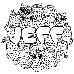 Coloring page first name JEFF - Owls background