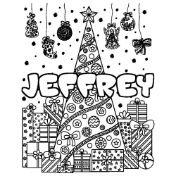 Coloring page first name JEFFREY - Christmas tree and presents background