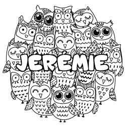 Coloring page first name JÉRÉMIE - Owls background