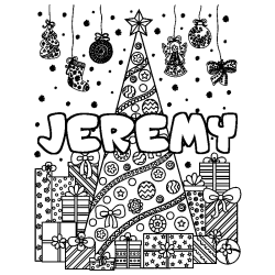 Coloring page first name JEREMY - Christmas tree and presents background