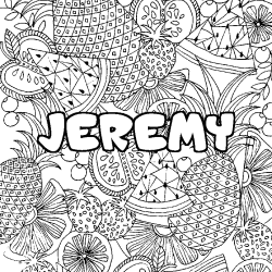 Coloring page first name JEREMY - Fruits mandala background