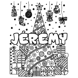 Coloring page first name JÉRÉMY - Christmas tree and presents background