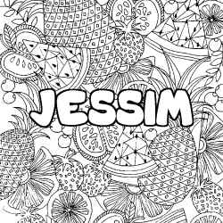 Coloring page first name JESSIM - Fruits mandala background