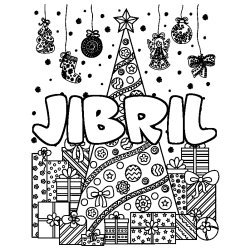 Coloring page first name JIBRIL - Christmas tree and presents background