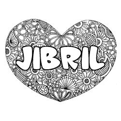 Coloring page first name JIBRIL - Heart mandala background