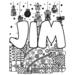 Coloring page first name JIM - Christmas tree and presents background