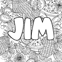 Coloring page first name JIM - Fruits mandala background