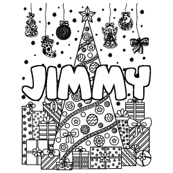 Coloring page first name JIMMY - Christmas tree and presents background