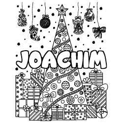 Coloring page first name JOACHIM - Christmas tree and presents background