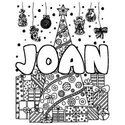 Coloring page first name JOAN - Christmas tree and presents background