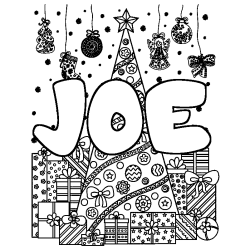 Coloring page first name JOE - Christmas tree and presents background