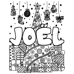 Coloring page first name JOËL - Christmas tree and presents background