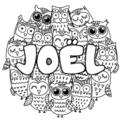 Coloring page first name JOËL - Owls background