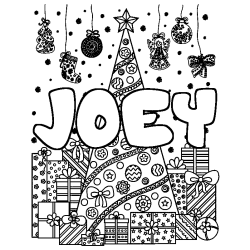 Coloring page first name JOEY - Christmas tree and presents background