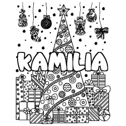 Coloring page first name KAMILIA - Christmas tree and presents background