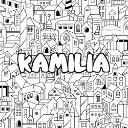 Coloring page first name KAMILIA - City background