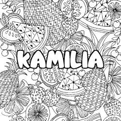 Coloring page first name KAMILIA - Fruits mandala background