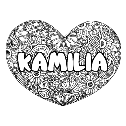 Coloring page first name KAMILIA - Heart mandala background