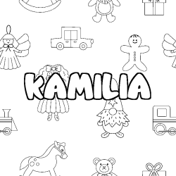 Coloring page first name KAMILIA - Toys background