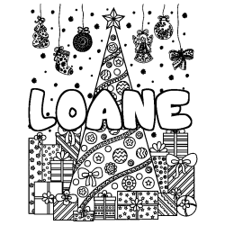 Coloring page first name LOANE - Christmas tree and presents background