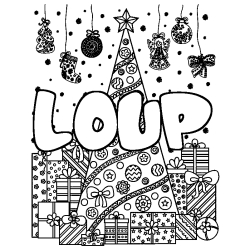 Coloring page first name LOUP - Christmas tree and presents background