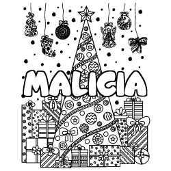 Coloring page first name MALICIA - Christmas tree and presents background