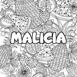 Coloring page first name MALICIA - Fruits mandala background