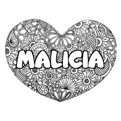 Coloring page first name MALICIA - Heart mandala background